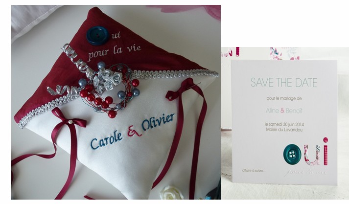 Ref:4-j
Coussin d'alliances assorti au faire part.
Coussin d'alliance framboise et bleu canard
dentelle argent,perles et fleur.
38€