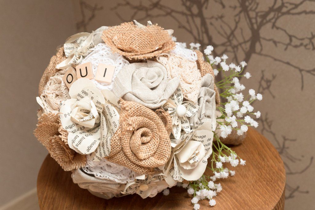 bouquet de mariée champêtre toile de jute
Bouquet de mariée sans fleurs
Création fleurs de mariée